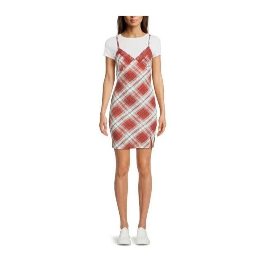 No Boundaries Juniors Twofer lace trim Dress size L (11-13) Red White Plaid NEW